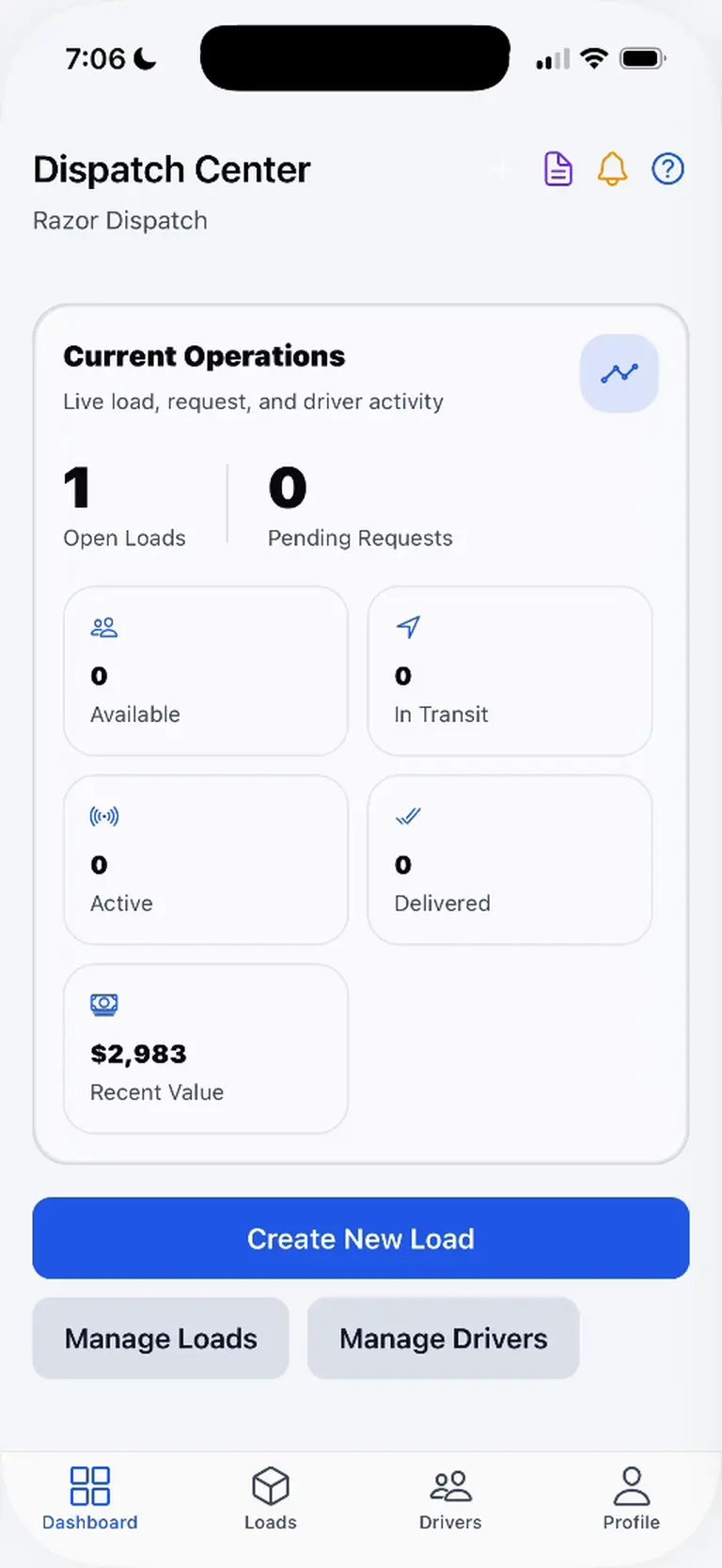 Dispatch Center showing open loads, driver availability, delivery activity, and load management shortcuts.