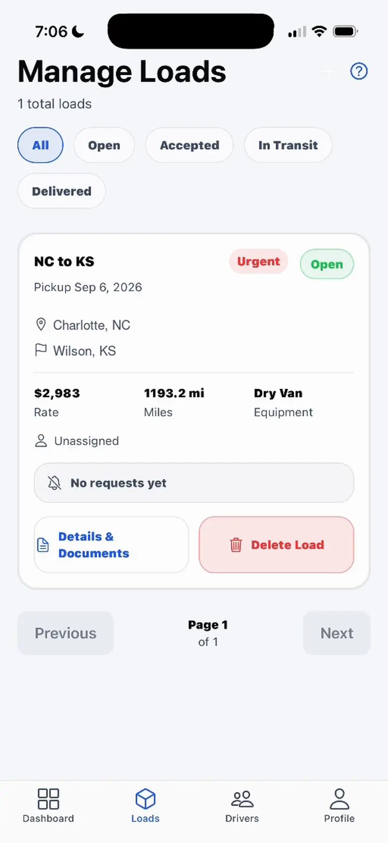 Manage Loads with status filters, city and state pickup and delivery locations, rate, mileage, and document controls.