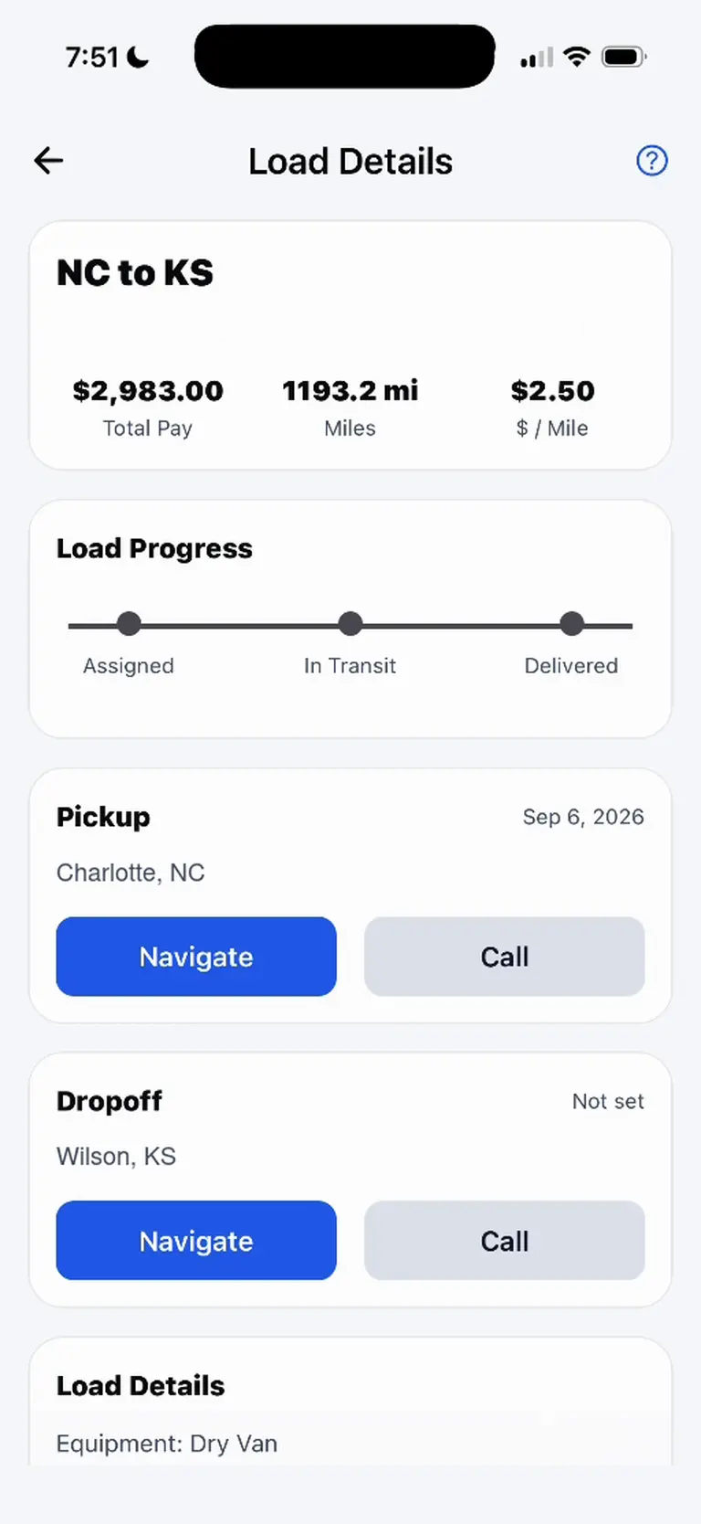 Load details for a demo load with pay, mileage, assigned-to-delivered progress, and city and state pickup and dropoff locations.