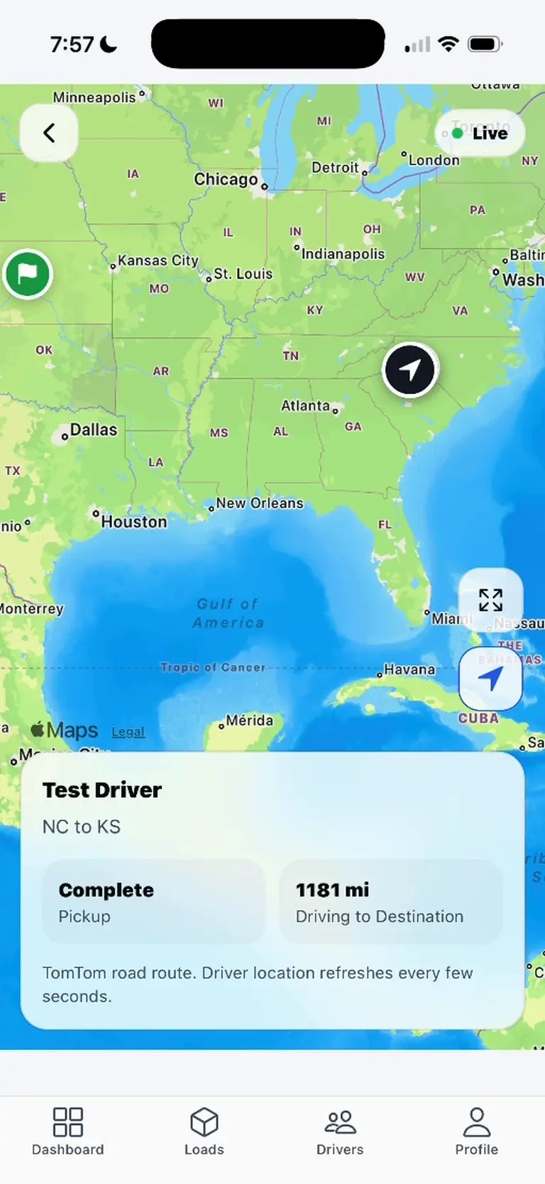Regional live tracking map showing driver and destination markers, pickup completion, and distance to destination.