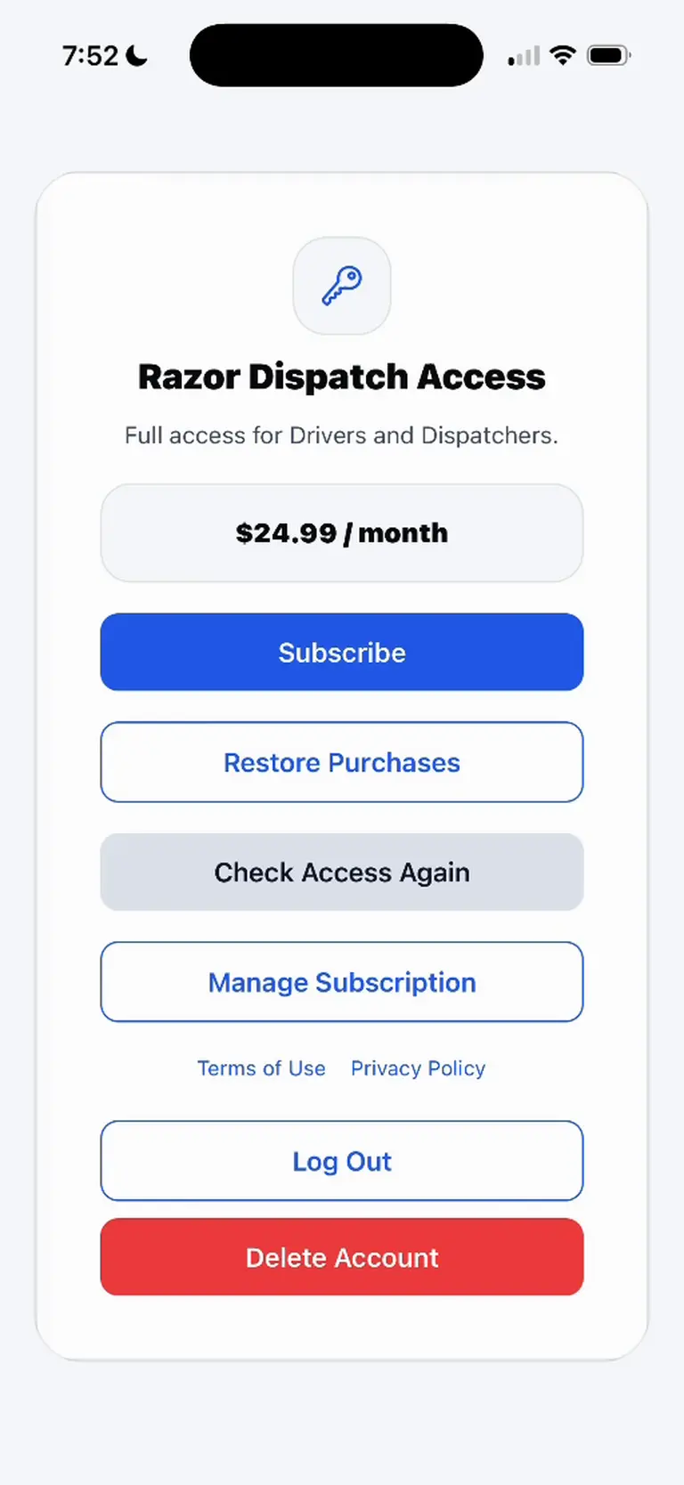 Razor Dispatch Access screen with a monthly subscription, Subscribe, Restore Purchases, and Manage Subscription controls.