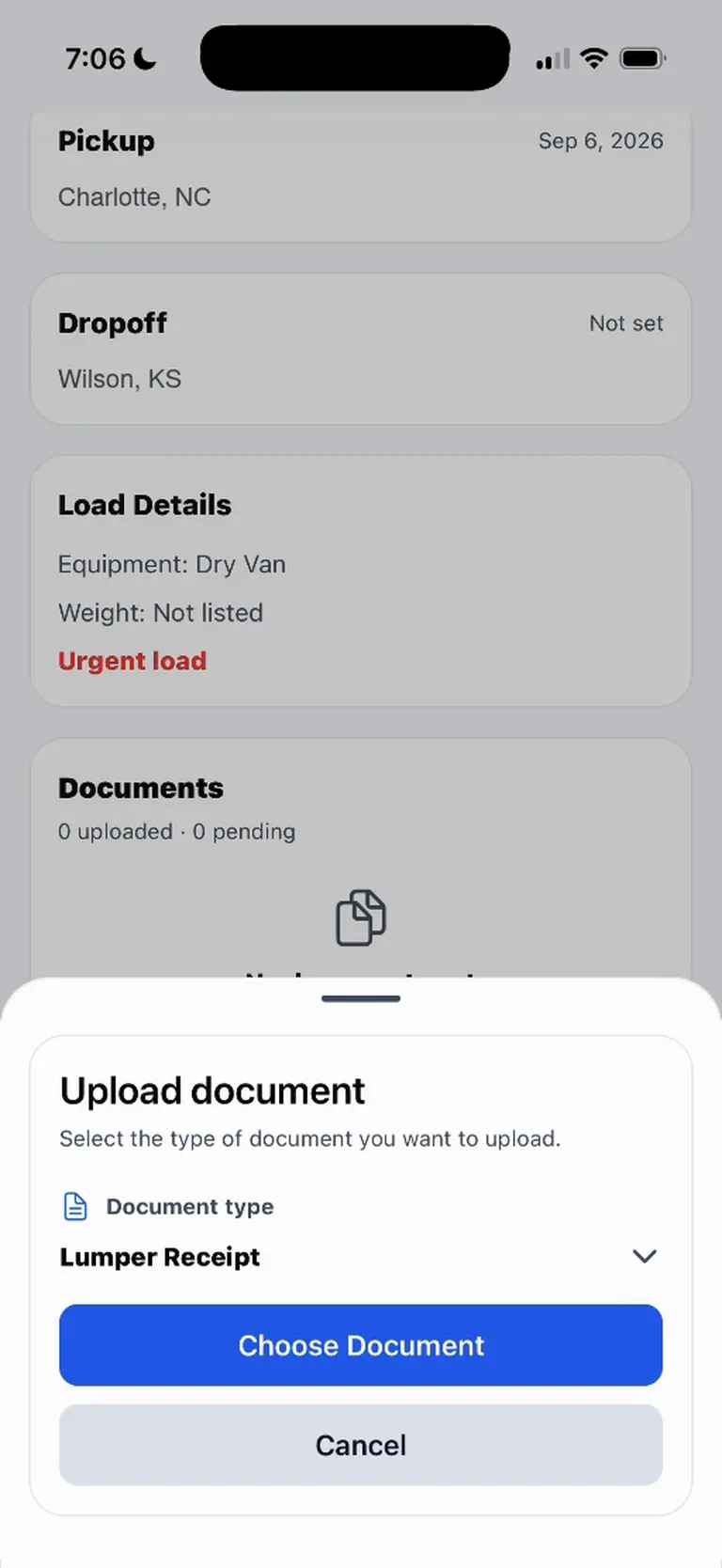 Upload document sheet with a document type selector and Choose Document button; no documents are displayed.