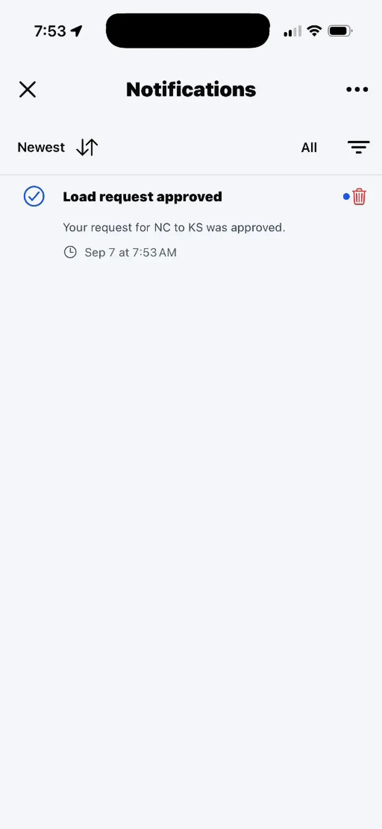 Notifications inbox showing a load request approval, its timestamp, sorting, and filtering controls.