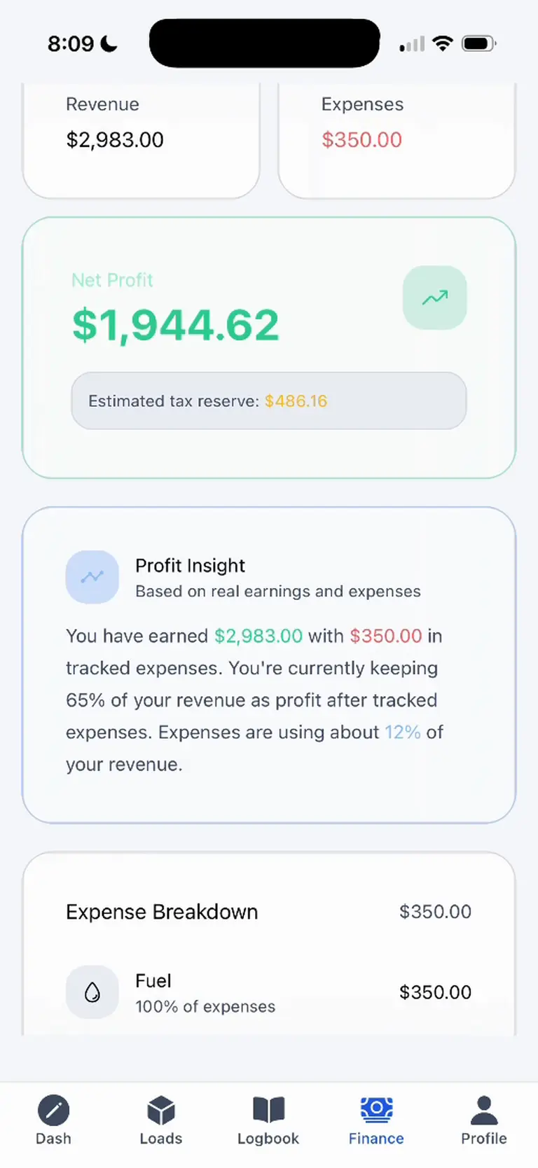 Driver finance overview with revenue, expenses, net profit, estimated tax reserve, and a fuel expense breakdown.