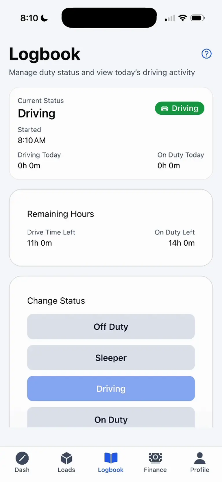 Driver logbook showing current duty status, driving and on-duty time, remaining hours, and status controls.